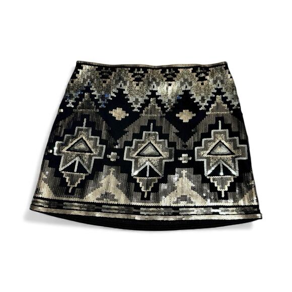 Women's Express Aztec Print Black Silver Sequin Mini Skirt Bodycon Party XS/TP - Picture 2 of 8